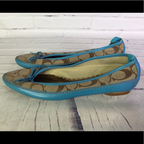 Coach Size 7.5 Talia Slip On Logo Flats Blue Brown - Picture 2 of 8